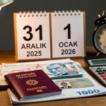 2026 yeni yıl zamları öncesi masa üzerinde duran Türk pasaportu, ehliyet, hesap makinesi ve Türk Lirası banknotları; arka planda Aralık ve Ocak aylarını gösteren takvim.