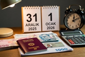 2026 yeni yıl zamları öncesi masa üzerinde duran Türk pasaportu, ehliyet, hesap makinesi ve Türk Lirası banknotları; arka planda Aralık ve Ocak aylarını gösteren takvim.
