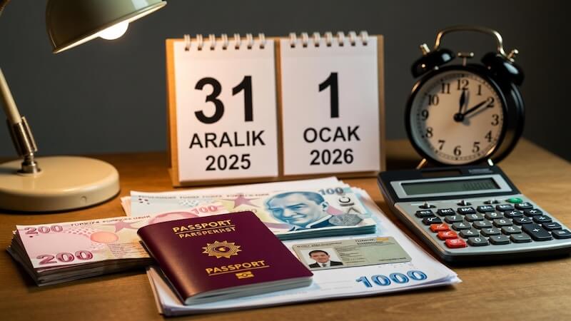 2026 yeni yıl zamları öncesi masa üzerinde duran Türk pasaportu, ehliyet, hesap makinesi ve Türk Lirası banknotları; arka planda Aralık ve Ocak aylarını gösteren takvim.